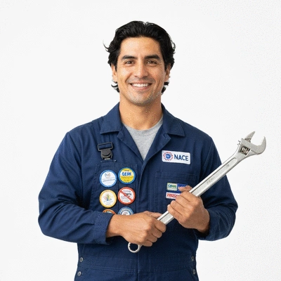 Plombier chauffagiste avec des badges de certification sur sa salopette, souriant et professionnel.