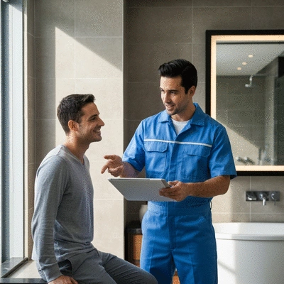Plombier discutant des plans de rénovation avec un client