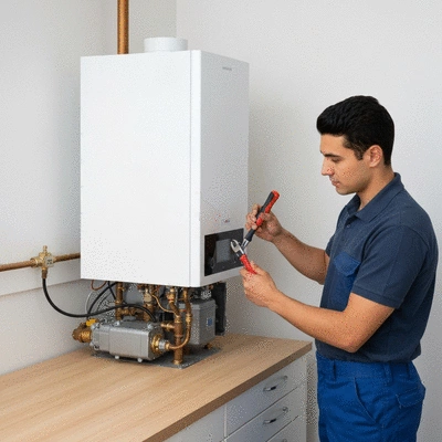 Technicien chauffagiste examinant une chaudière moderne, outils à la main, ambiance professionnelle et propre, pas de texte, pas de mots, pas de typographie, 8K, haute résolution, photographie de style de vie