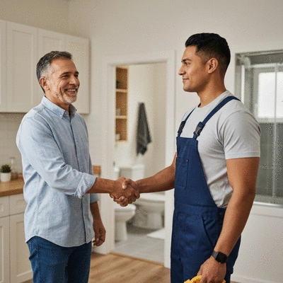 Client satisfait serrant la main d'un plombier après une intervention d'urgence