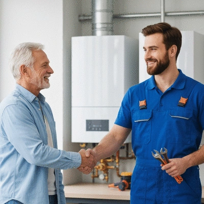 Happy customer shaking hands with a boiler technician after successful service