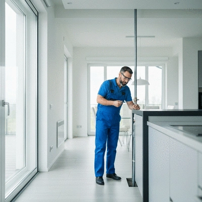 Modern home interior with a plumber inspecting pipes, no text, no words, no typography, clean image