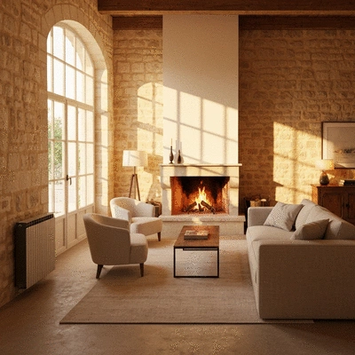 Comfortable warm living room in an old Nîmes house, with modern heating elements