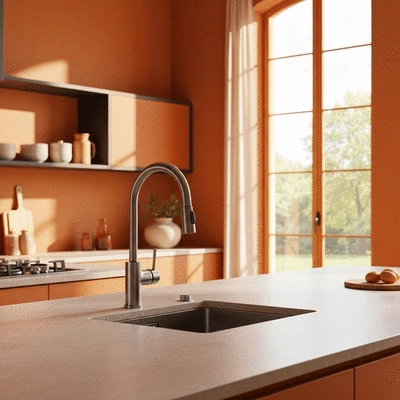 Modern kitchen faucet in a Nîmes home, lifestyle photo, no text, no words, no typography, no labels, clean image