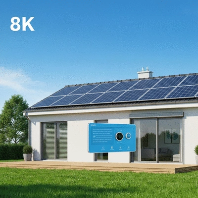 Une maison moderne avec des panneaux solaires et un système de chauffage économe en énergie, symbolisant l'efficacité énergétique. 