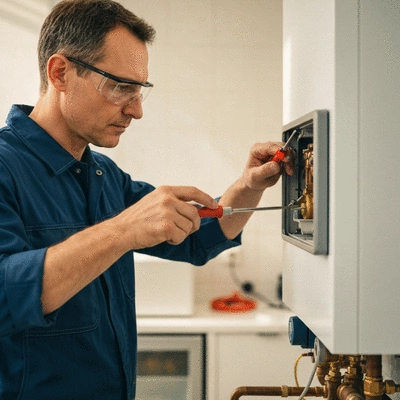 Chauffagiste vérifiant une chaudière avec des outils