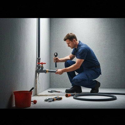 Plombier professionnel en intervention d'urgence, réparant une fuite d'eau, outils de plomberie visibles, ambiance sérieuse et efficace, no text, no words, no typography, 8K