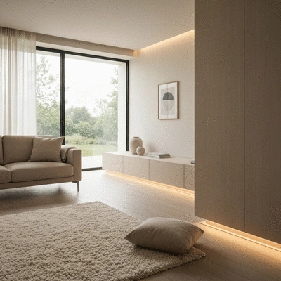 Modern living room with underfloor heating, warm light, comfortable atmosphere, no text, no words, no typography, clean image