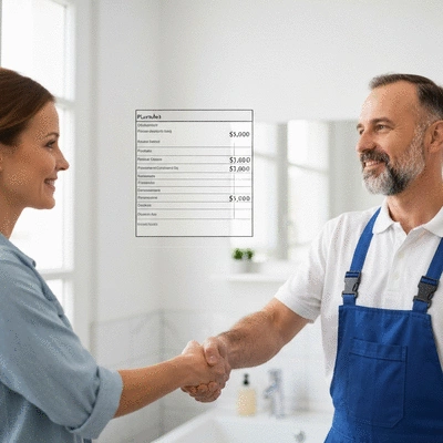 Customer shaking hands with a plumber with a transparent pricing sheet in the background, professional and friendly, no text, no words, no typography, no labels, clean image