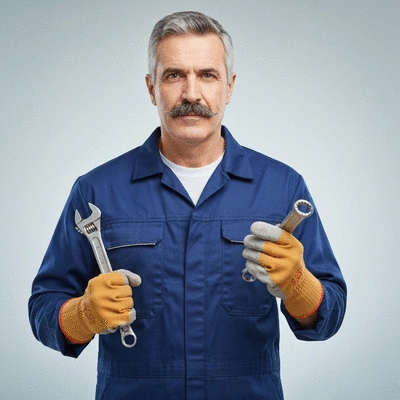 Plumber holding a wrench with a protective hand, symbolizing guarantees and reliable service
