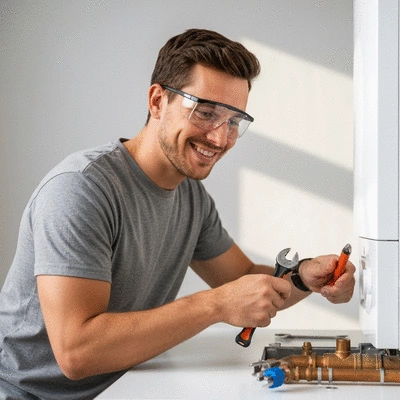 Person inspecting a home boiler with tools