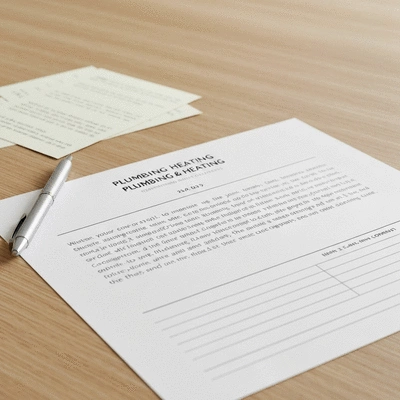 Gros plan sur un contrat ou devis de plomberie/chauffage avec un stylo et des notes