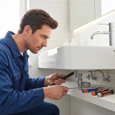 Plumber working on pipes under a sink in a clean bathroom