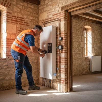 Modern heating system installed in an old stone house, Nîmes style, with a plumber working