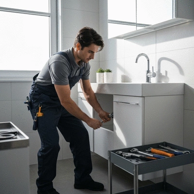 Plombier professionnel réparant une fuite d'eau dans une salle de bain moderne