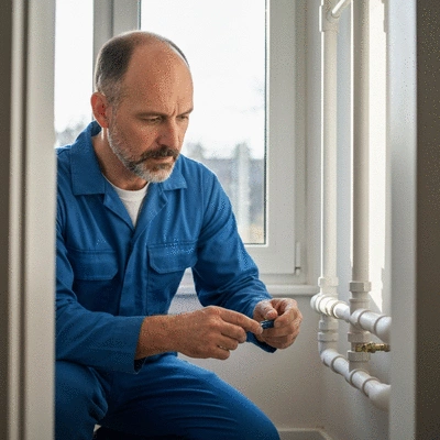 Plombier professionnel inspectant des tuyaux de plomberie modernes dans une maison, éclairage naturel, focus sur l'action