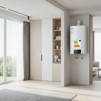 Modern water heater with energy efficiency label in a clean home environment
