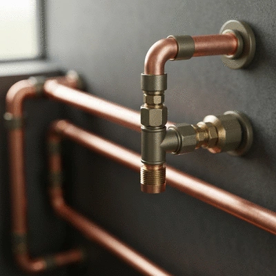 Gros plan sur une installation de plomberie moderne et durable avec des matériaux écologiques, fond flou, lumière naturelle