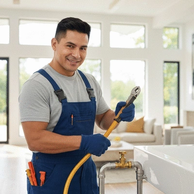 Plombier professionnel réparant un tuyau, avec des outils de plomberie, dans une maison moderne, no text, no words, no typography, clean image